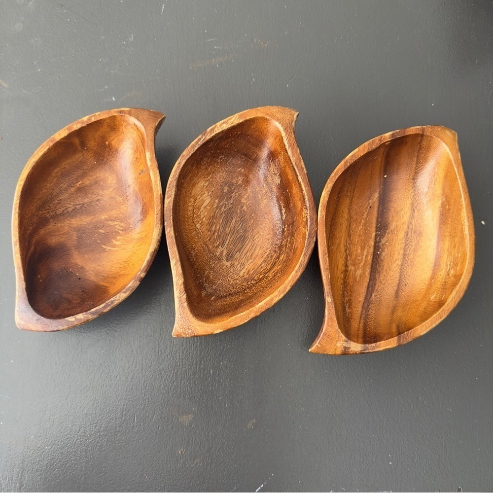 Teak Vintage Brown Wooden Bowl Tiki Bar Set of 3 Leaves Leaf MCM Mid Century
